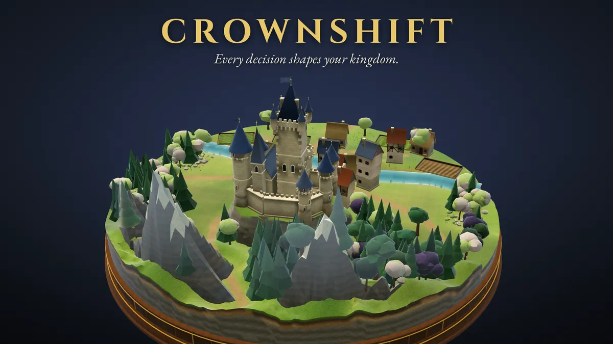 CrownShift key art: a floating island kingdom with a castle, village, mountains and a river on a deep blue background, under the CrownShift title.