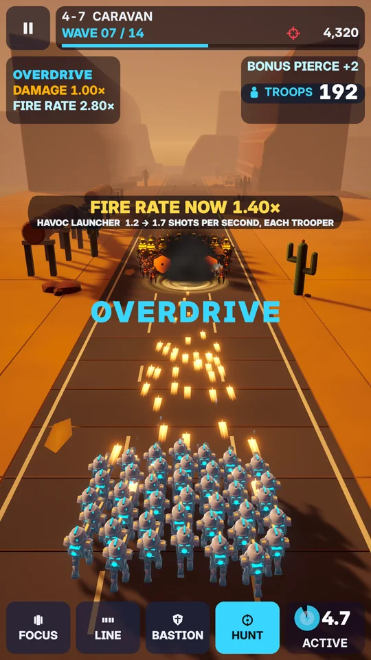 A squad on a desert road gets a fire-rate boost while fighting a convoy.